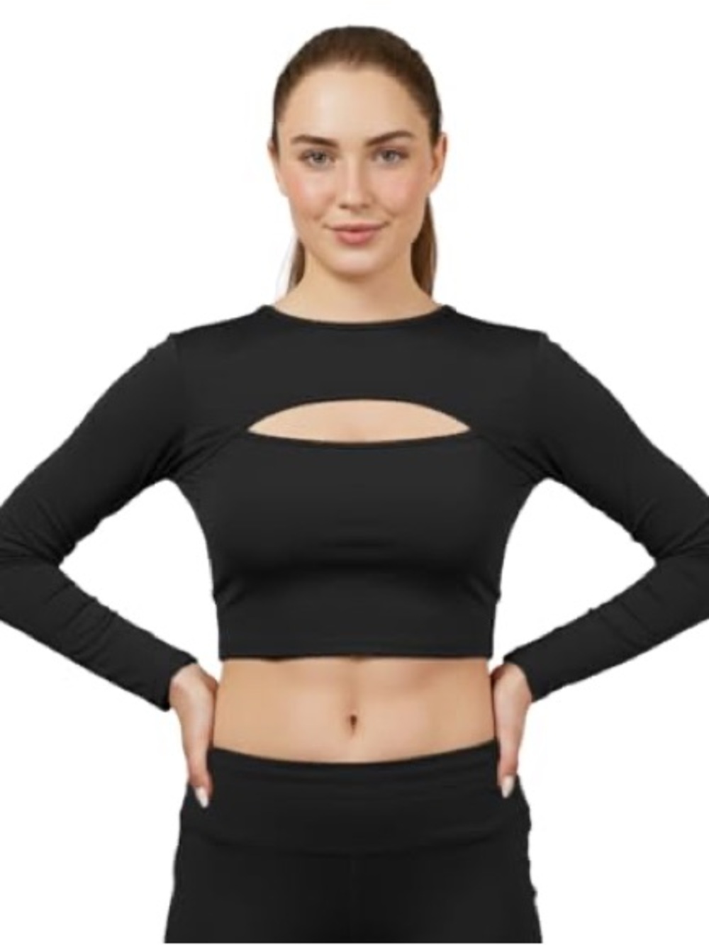 Divided Black Long-Sleeve Cutout Crop Top